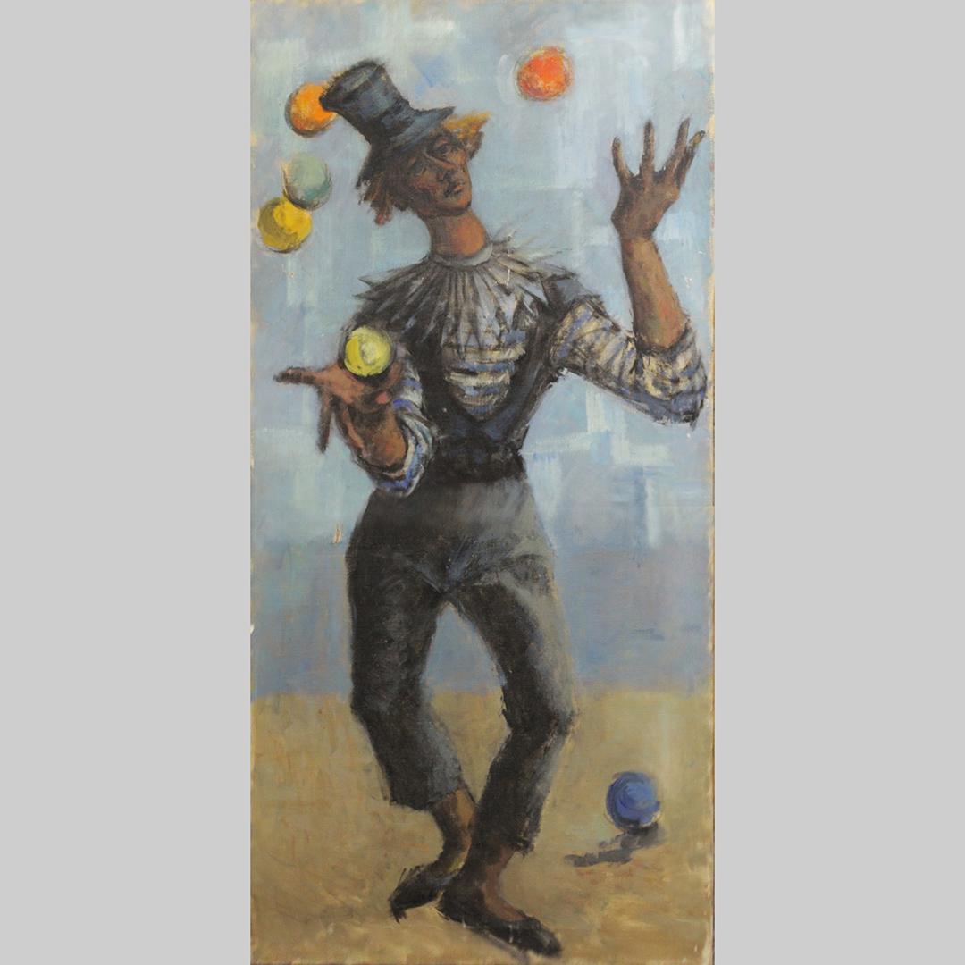 Mid-Century Modern Juggling Jester Oil Painting: Mid-Century Modern Juggling Jester Oil Painting on canvas. Unsigned, nice quality. Size: 38.5 x 13 inches