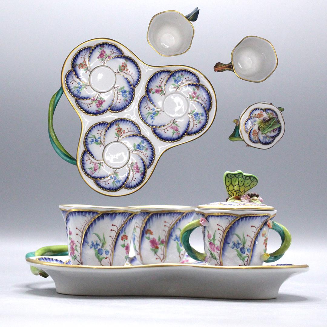 Unique Sevres Porcelain Butterfly Cups, Condiment, Tray (1 of 13)