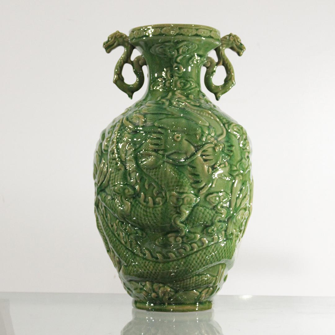 Oriental Green Glaze Vase Dragon Handles, Serpents (1 of 9)