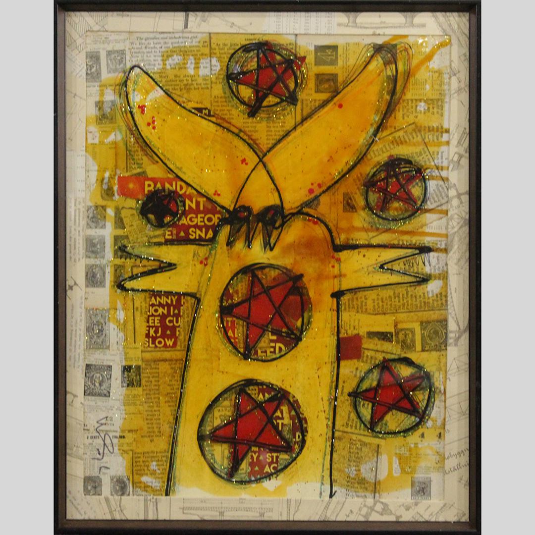 Wayne Cunningham, American, Modernism Abstract Painting: Wayne Cunningham, American, Modernism Abstract Painting watercolor, yellow figure on collage. Signed, framed. Well Listed American Artist. Size: 19 x 15 , 20.25 x 16.25