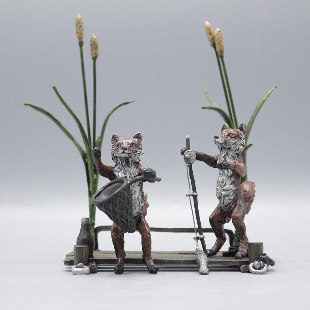 after Bergman Austrian Bronze Two Fox Figures Fishing (1 of 9)