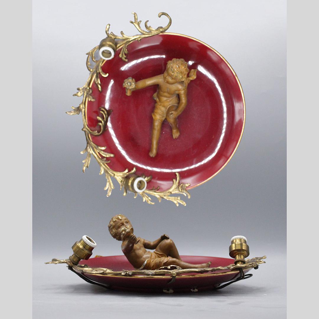 French Porcelain and Metal 2-Light Putti Wall Plaque (1 of 6)