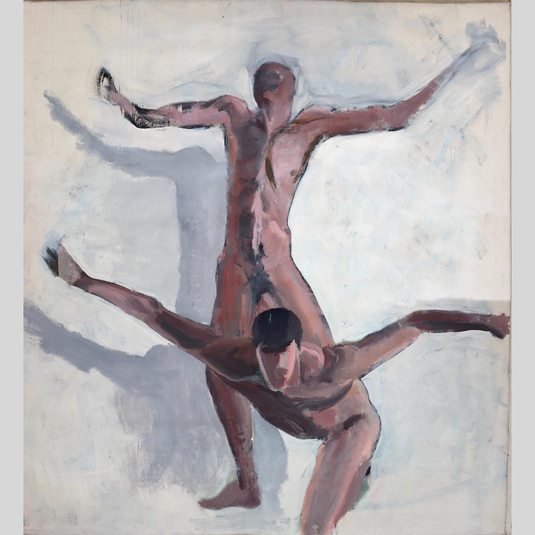 Nicholas Luttinger, Large Oil Gay Art Men in Motion: Nicholas Luttinger, Large Oil Gay Art Men in Motion. unsigned. Size: 84 x 80 inches. oil on canvas painting, not stretched.