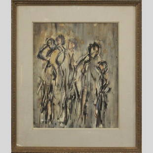 Yona Lotan  (1926 - 1998) Mid-Century Modern Watercolor: Yona Lotan (1926 - 1998) Mid-Century Modern Watercolor painting, many figures, well listed Israeli artist. Signed and dated 1963. Original framing. Size: 17 x 14 inches image, 24.5 x 21.25 inches outs