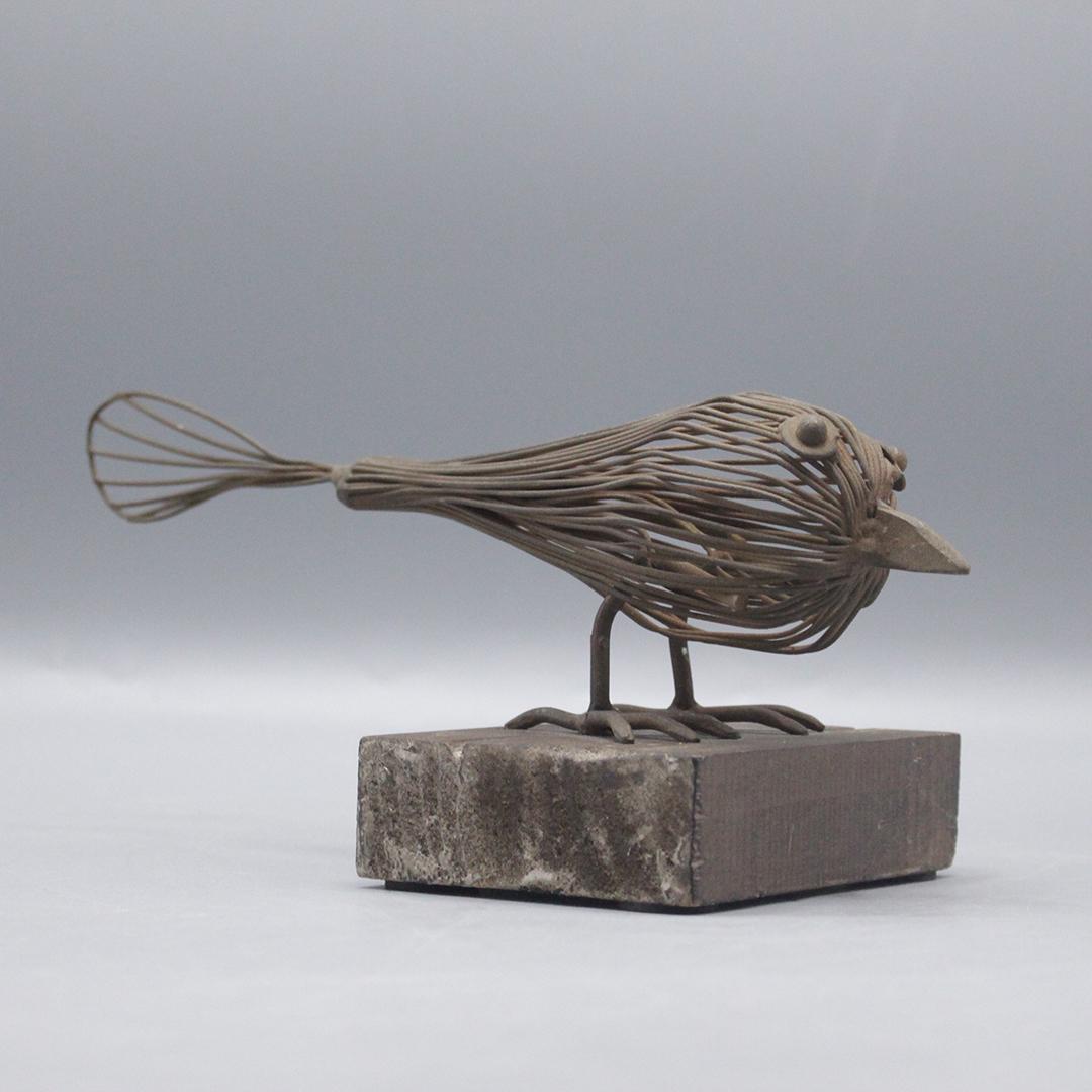 Brutalist Wire Sculpture of a Bird Mounted on Wood Base (1 of 7)