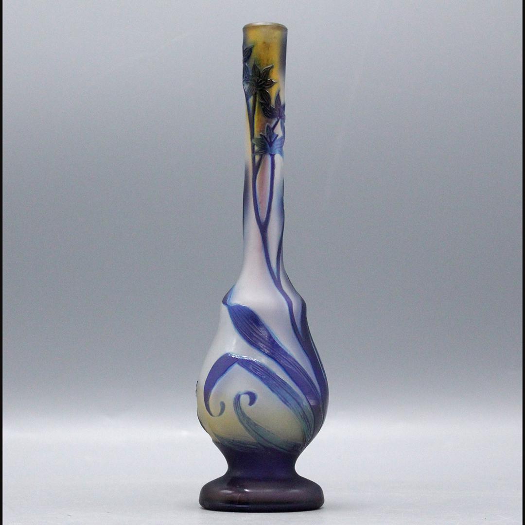 Signed GALLE Vintage 2-Color Blues Cut Cameo Glass Vase (1 of 9)