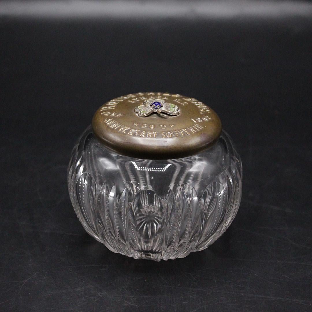 Rothschild Bros Ithaca NY 1882-1902 Glass Dresser Jar: Rothschild Bros Ithaca NY 1882-1902 Cut Glass Dresser Jar, Jeweled Shamrock Cover, 20th Anniversary Souvenir. Size: 3.5 x 4