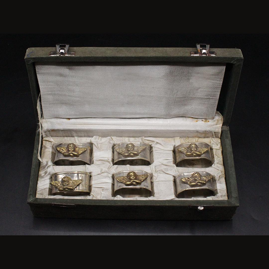 Box of 6 Silver Plate Napkin Rings with Brass Cherubs (1 of 11)