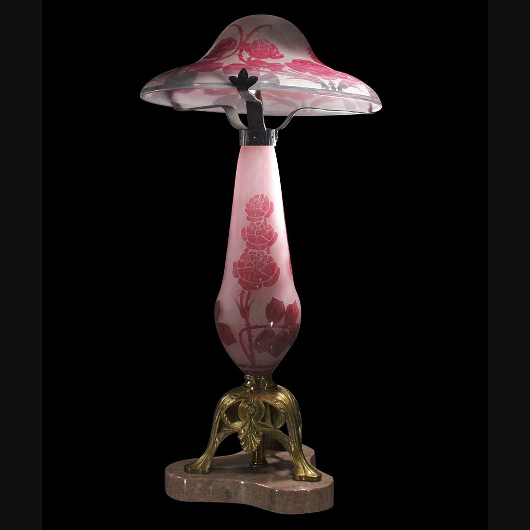 Antique Galle Style Cameo Glass Pink Floral Table Lamp (1 of 6)
