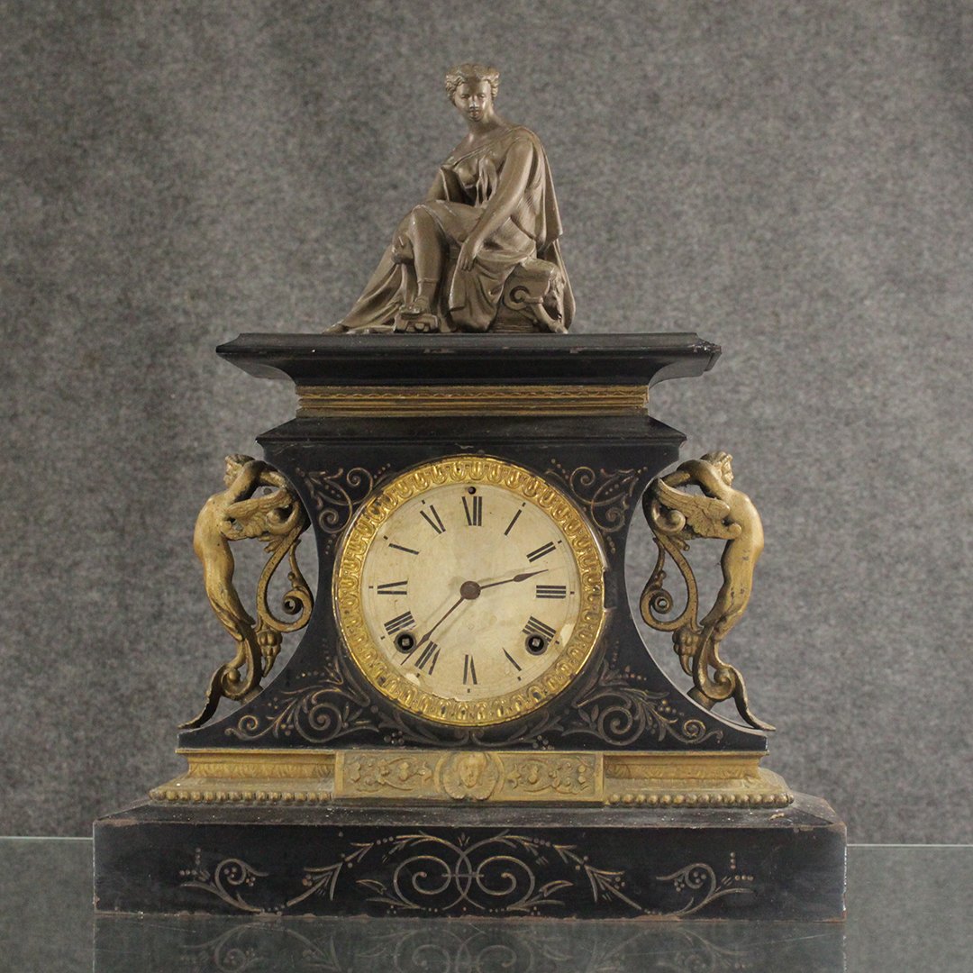 Antique Fancy Iron Case Mantle Clock w/ Figures (1 of 8)