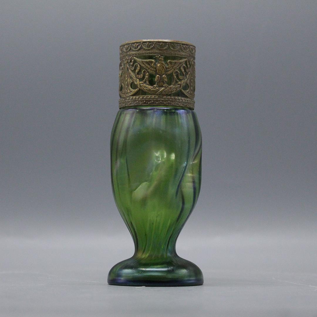 Antique Green Loetz Glass Vase with Brass Banding Top (1 of 8)