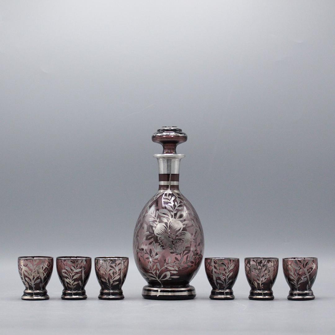 Silver Overlay Amethyst Glass Decanter with 6 Cordials (1 of 10)