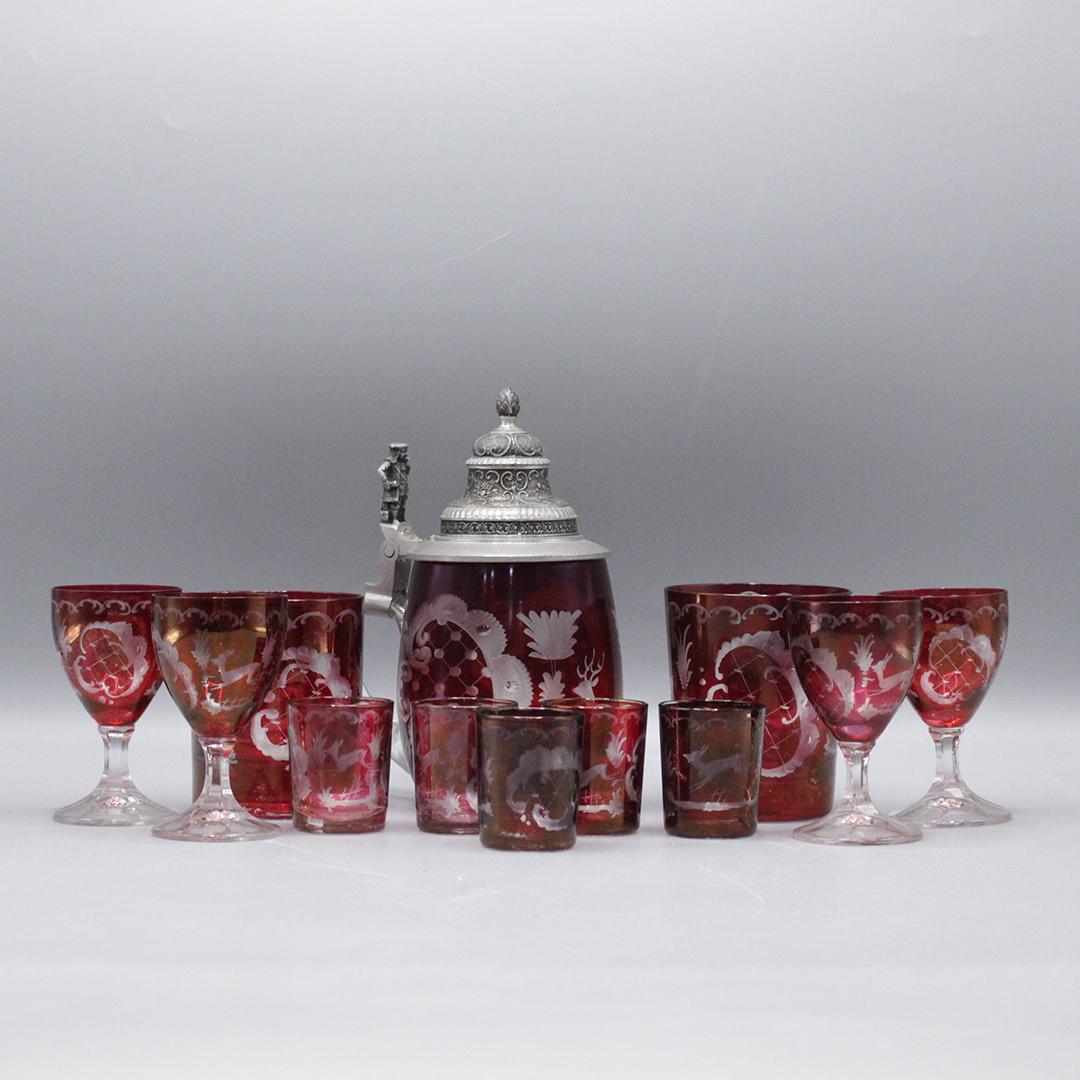 Twelve Assorted Red Cut Bohemian Glass Stein & Glasses (1 of 14)