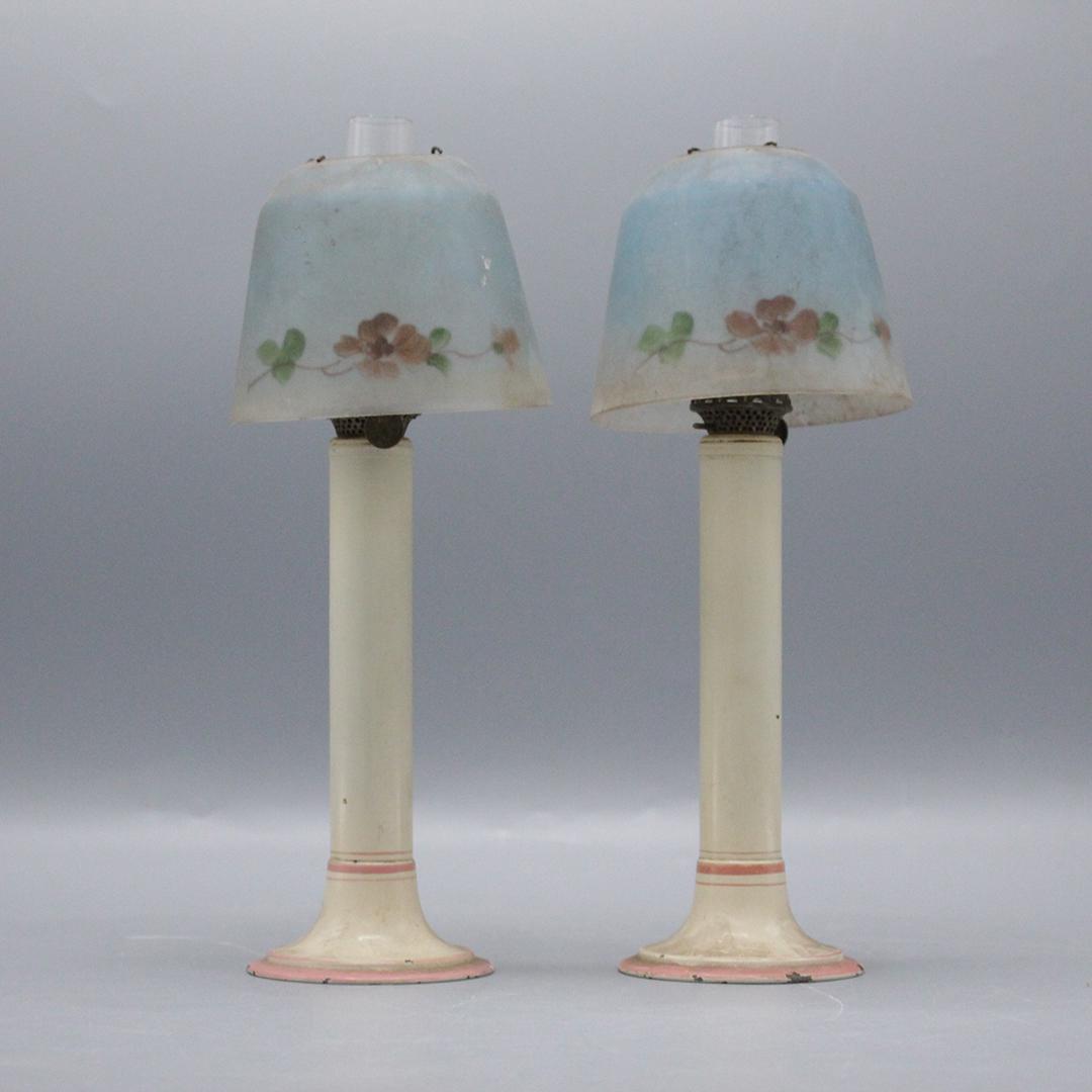 Two [2] Reverse Painted Glass Shade Candlestick Lamps (1 of 6)