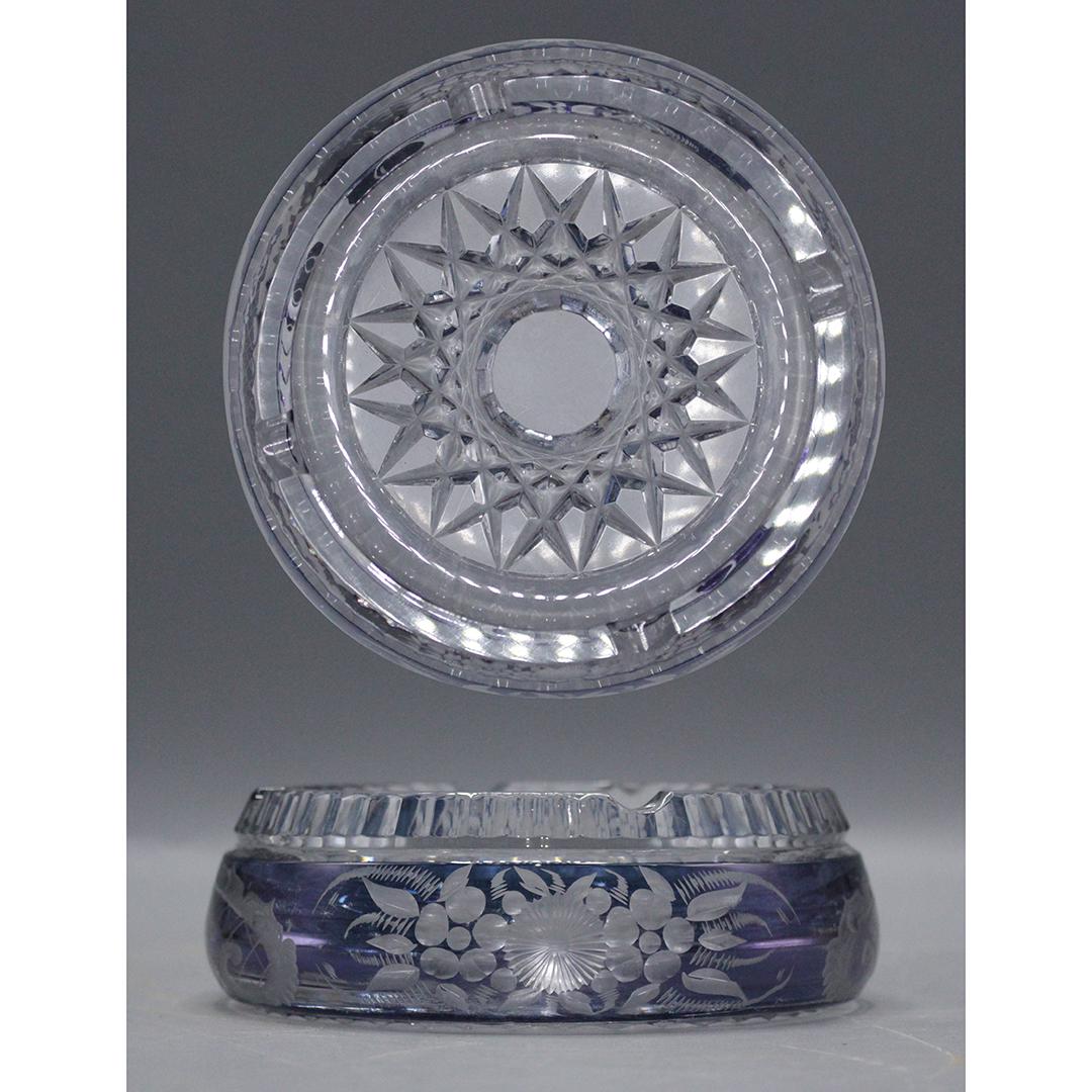 Bohemian Blue and Clear Cut Crystal Glass Ashtray (1 of 6)