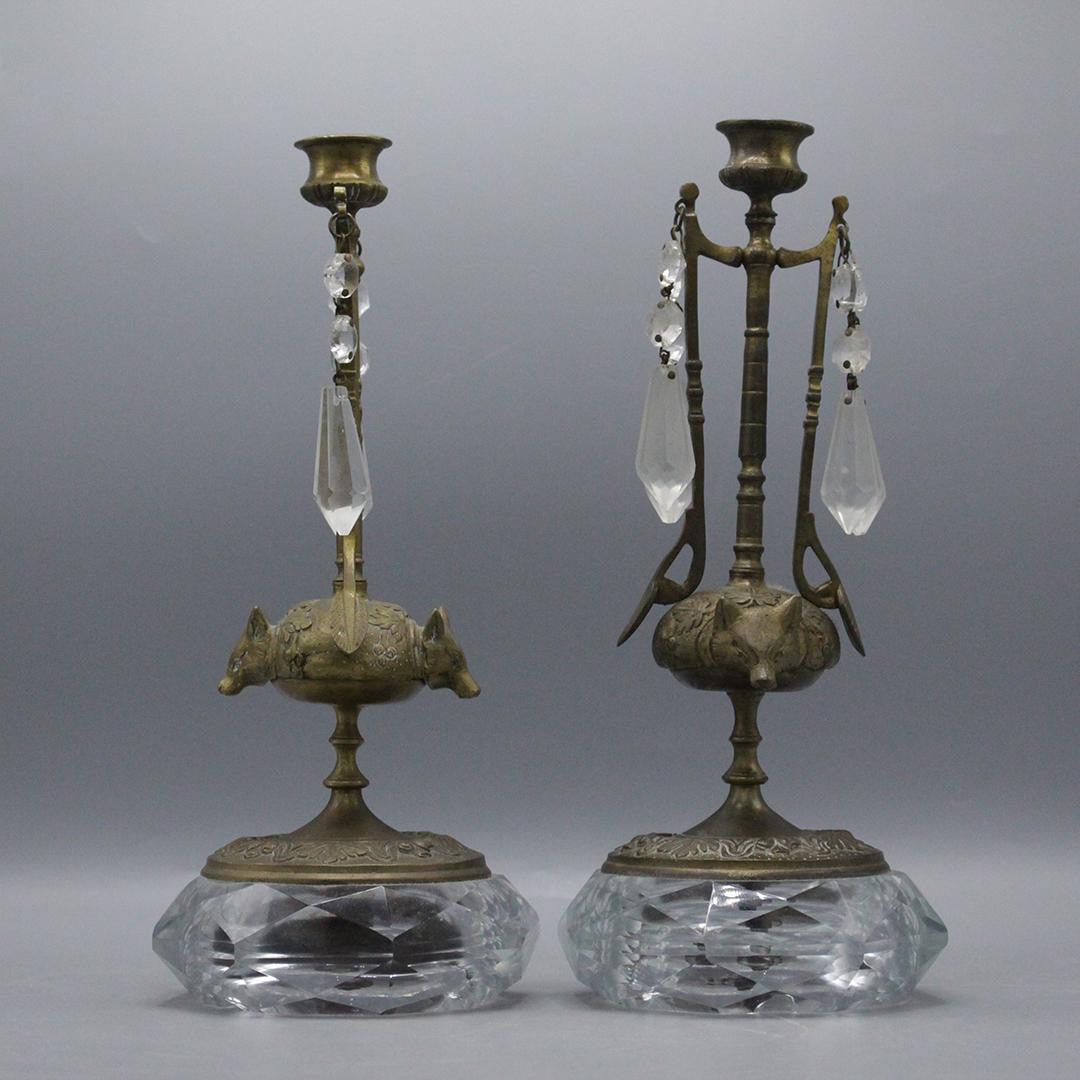 Pair 19th C. Bronze Fox Heads Candlesticks (1 of 9)