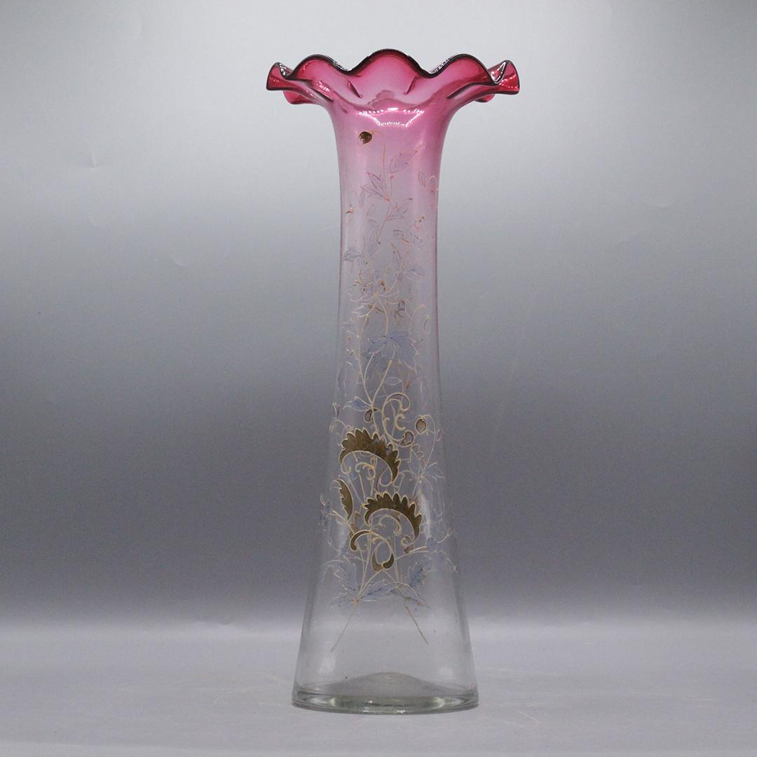 19th C Victorian Cranberry to Clear Tall Vase Decorated: 19th C Victorian Cranberry to Clear Tall Vase Decorated. Size: 16.25 x 6.5 inches