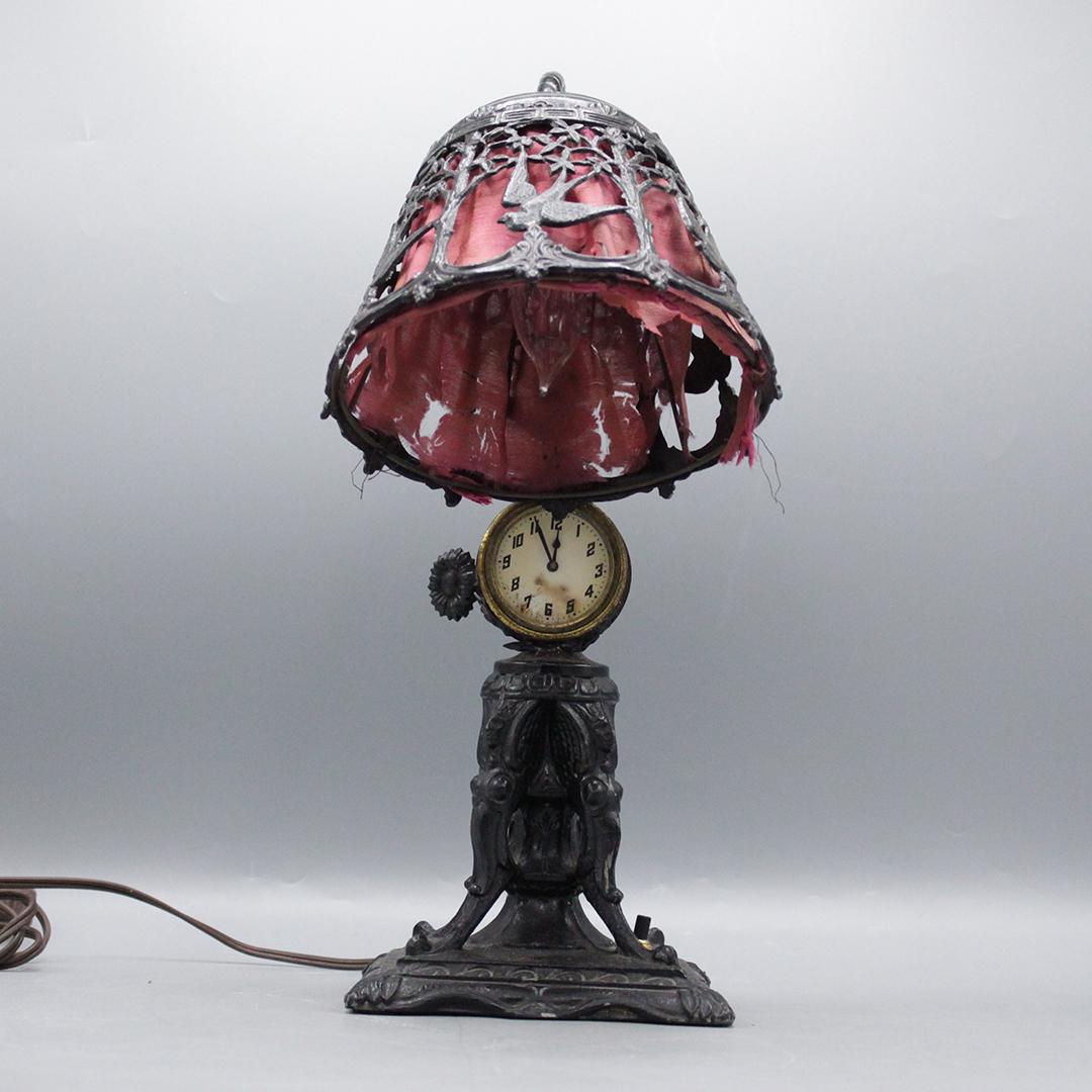 Unique Circa 1920 Cast Metal Desk Lamp with Clock (1 of 11)