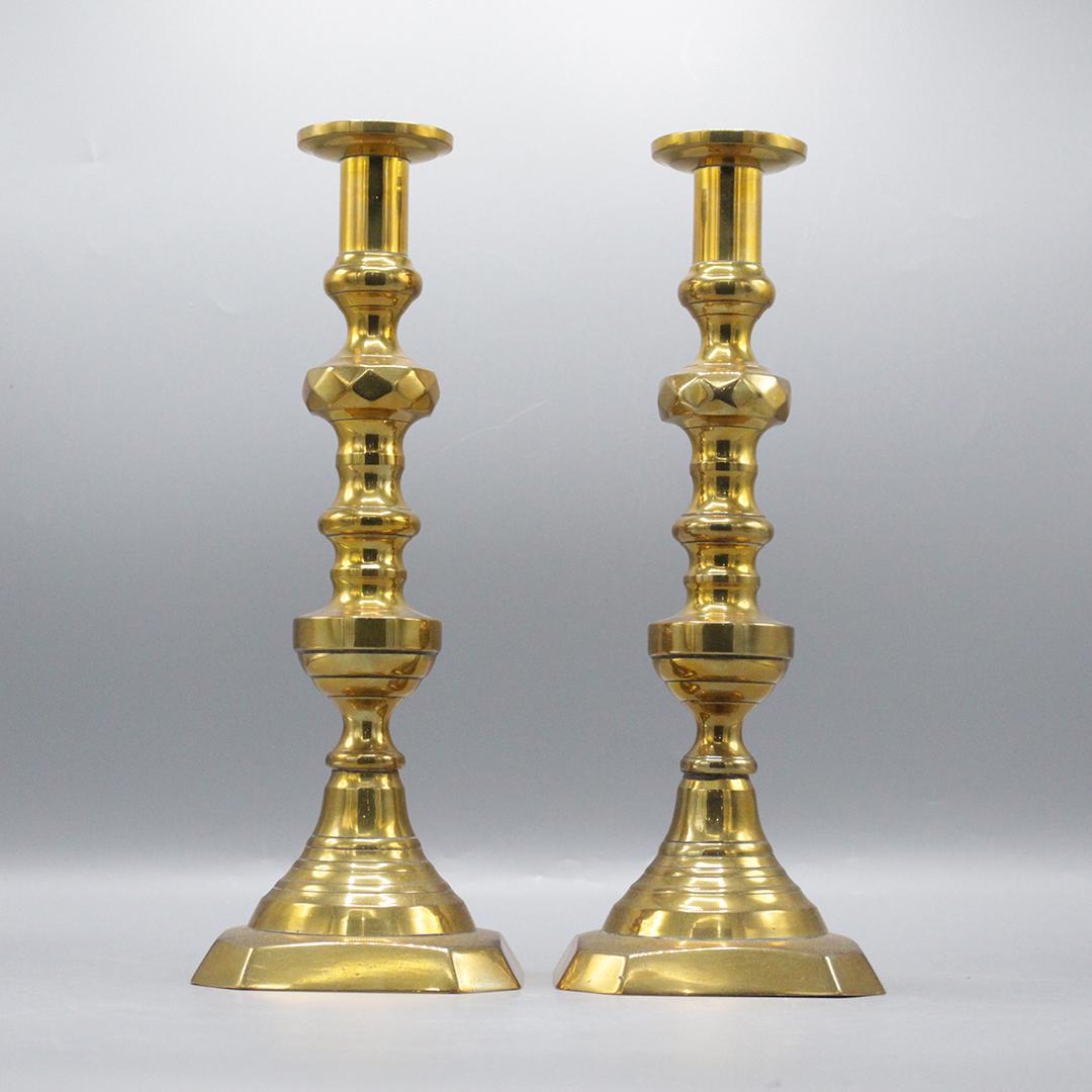 Pair 19th C. English Brass Tall Candlesticks (1 of 8)