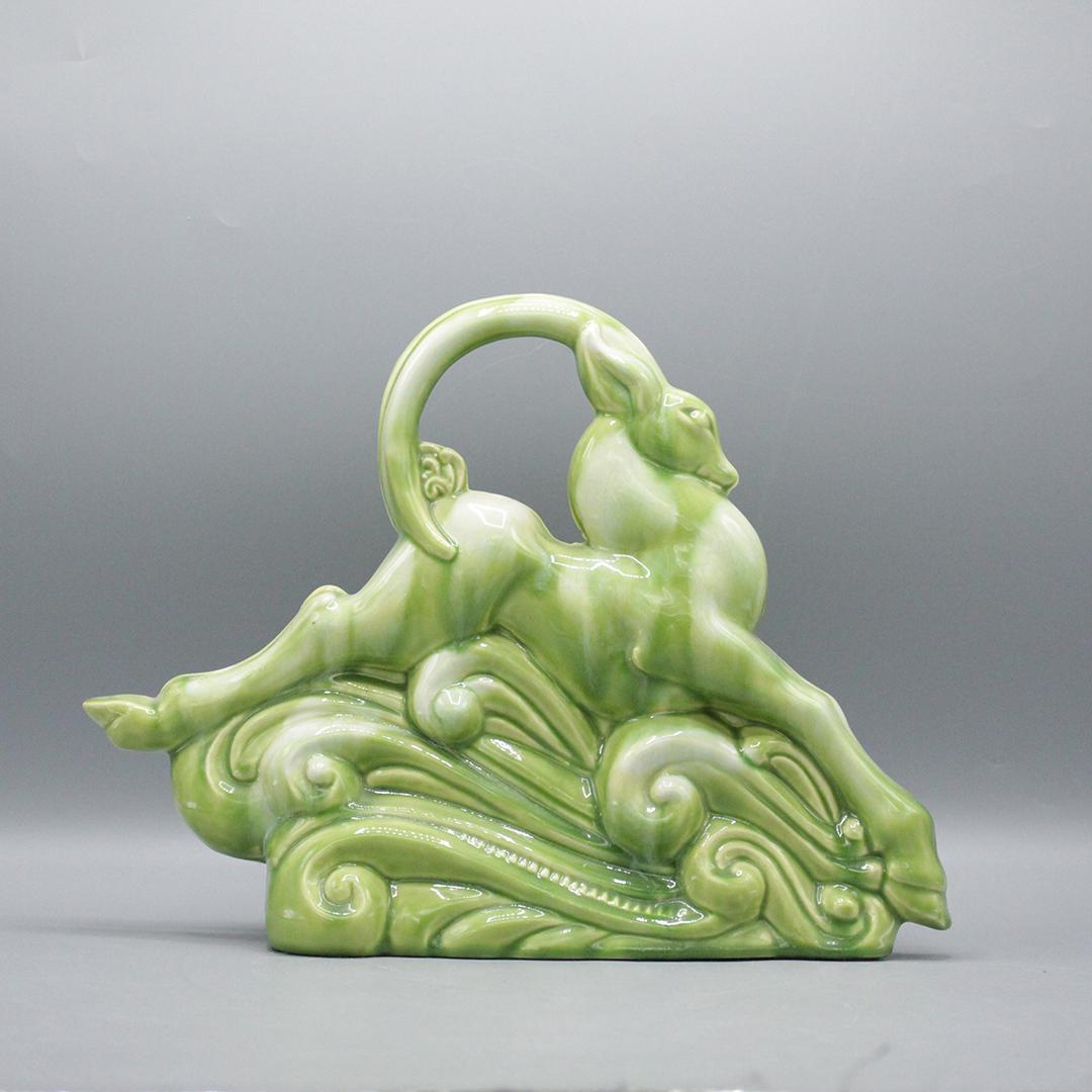 Mid Century Modern Green Glaze Pottery Gazelle TV Lamp (1 of 10)