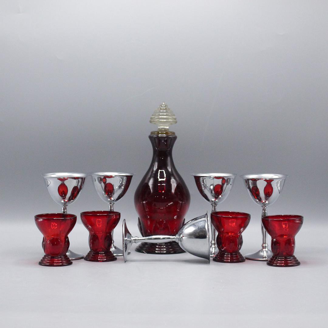 10 Pc Mid-Century Ruby Red and Chrome Decanter Set (1 of 12)