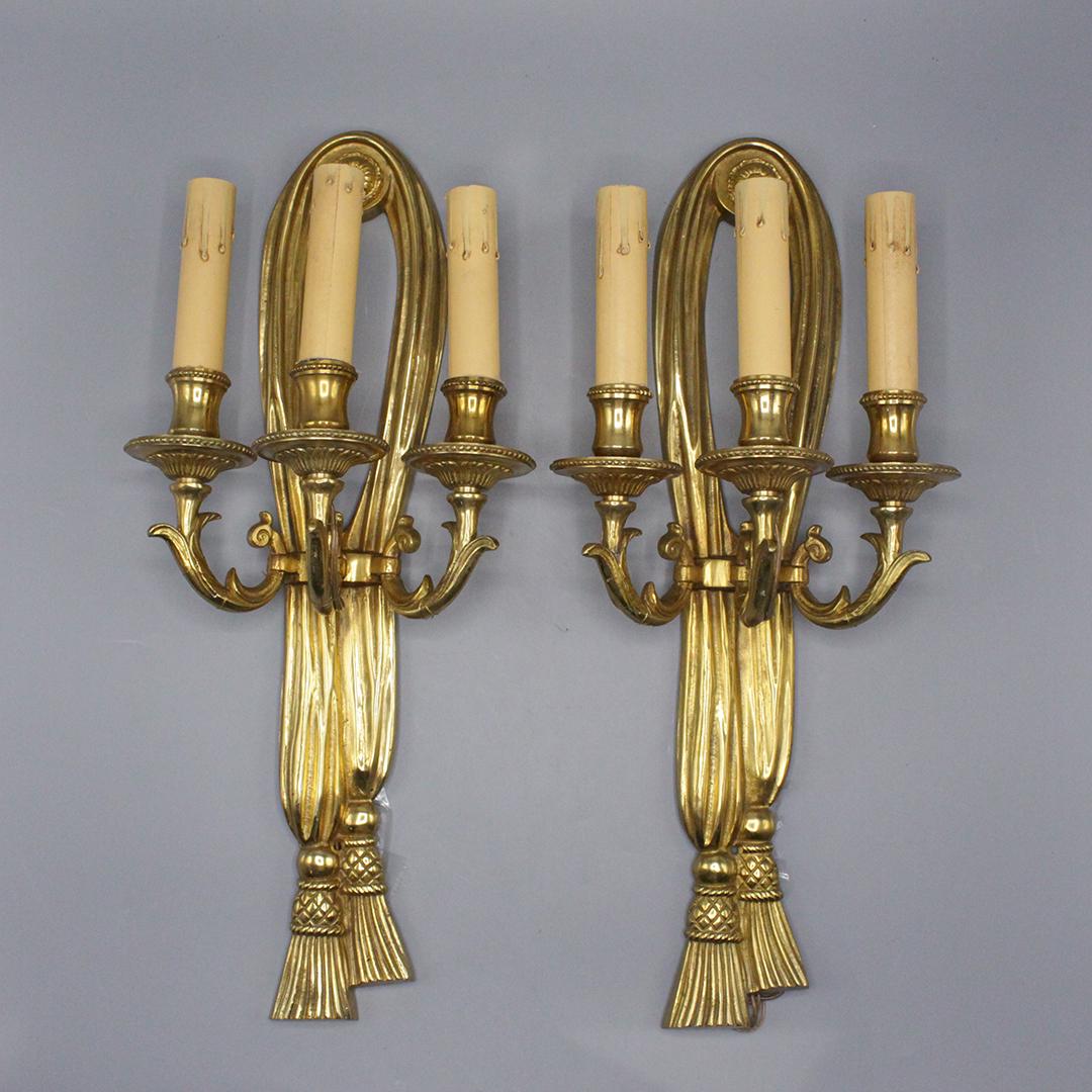 Pair Bronze Hollywood Regency 3-Light Wall Sconces (1 of 7)