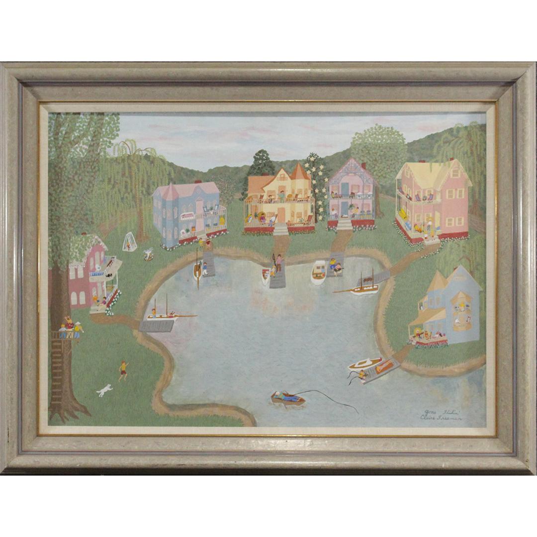 Claire Freeman, Naive Oil Painting Titled "Gone Fishing (1 of 8)