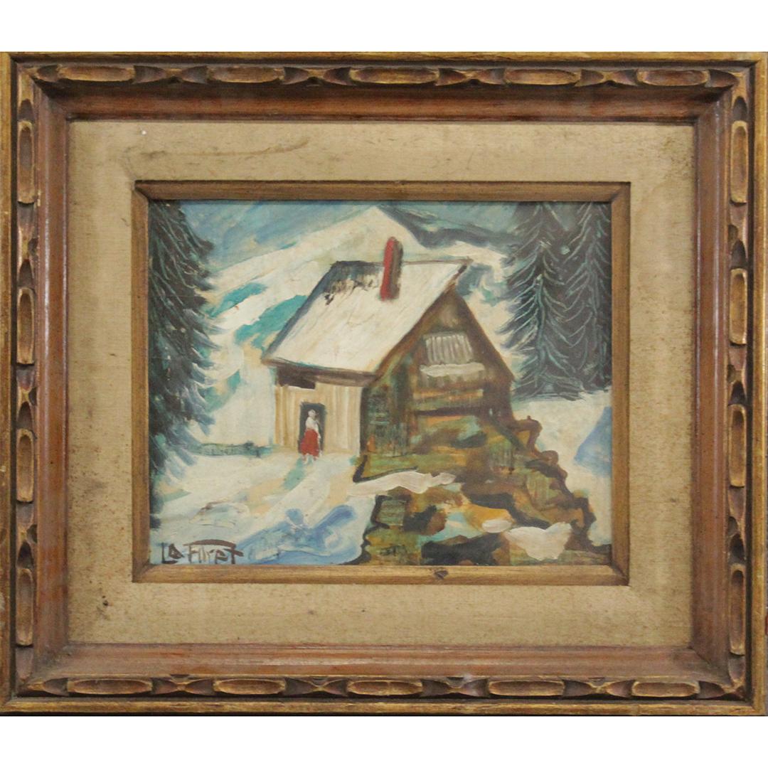LaForet, Vintage Oil/c Winter Chalet in Mountains: LaForet, Vintage Oil/c Winter Chalet in Mountains. Oil on canvas painting, signed, framed. Size: 11 x 14 , outside of frame: 20 x 23