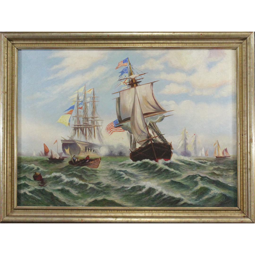 Irene Ebert, Oil Painting, Battling Ships American Flag Nov 11, 2019