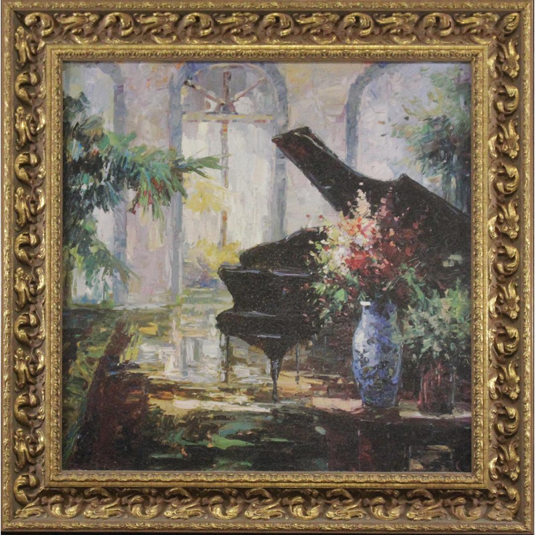 Baby Grand Piano in Interior 20th C Oil Canvas Painting: Baby Grand Piano in Interior 20th C Oil Canvas Painting, framed. Size: 26.5 x 26.5 , outside of frame: 34 x 34