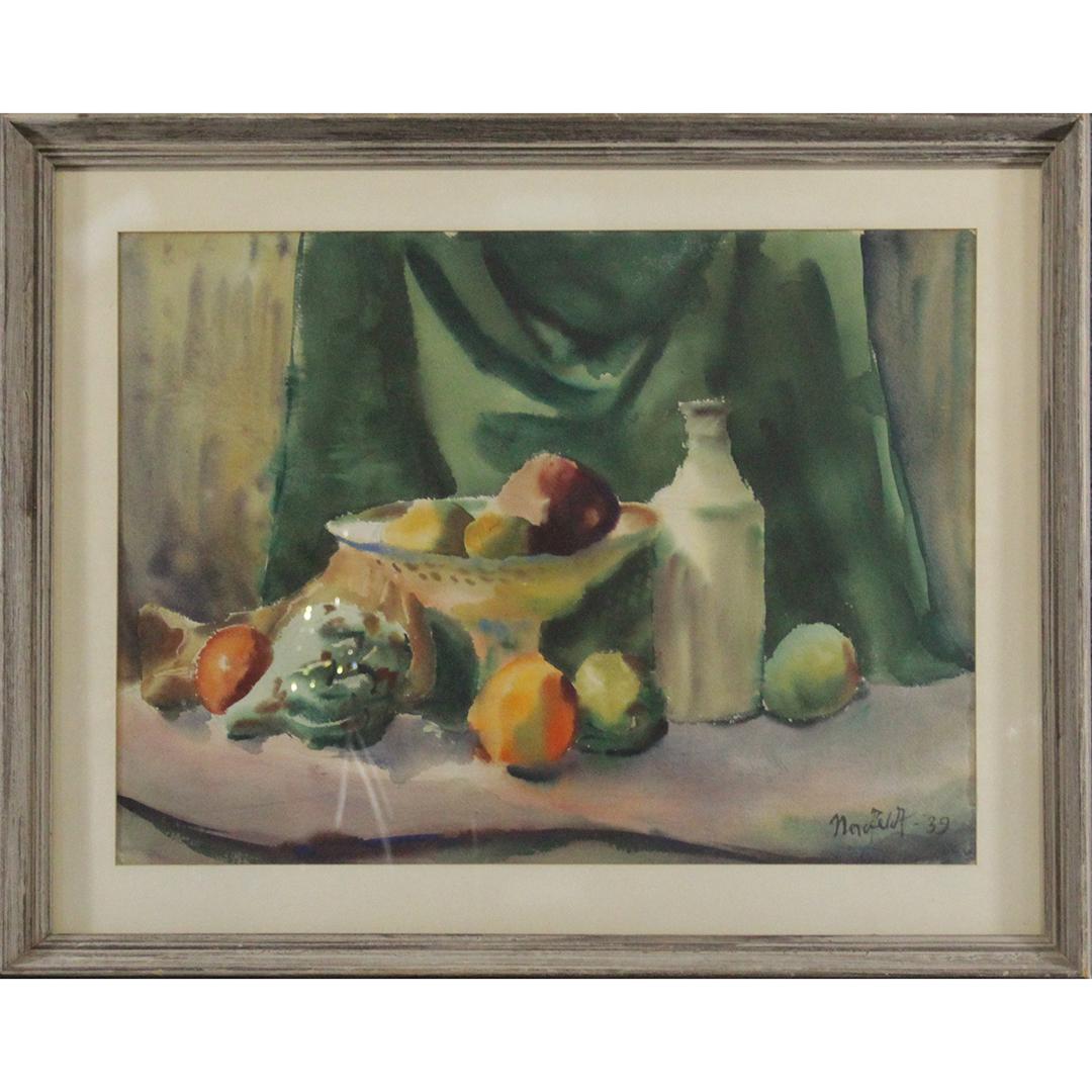 Nordfeldt 1939, Watercolor Still Life with Fruit.: Nordfeldt 1939, Watercolor Still Life with Fruit. Attributed to Bror Nordfeldt, Listed Artist. Size: 21 x 28 , outside of frame: 28 x 36. ASKart: Bror Nordfeldt (1878 - 1955)Bror Julius Olsson Nordfel