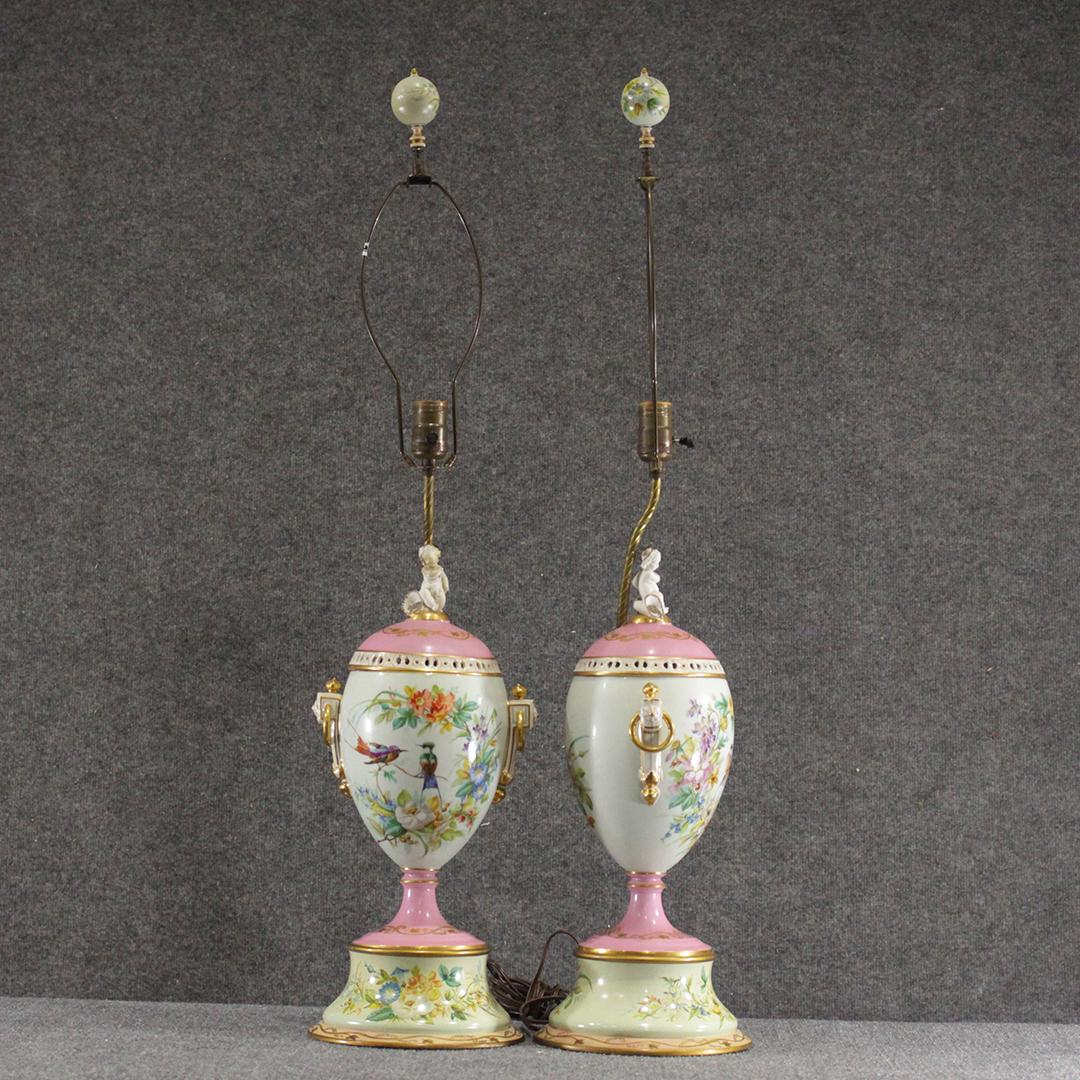 Two [2] Old Paris Porcelain Urn Table Lamps, Putti (1 of 9)