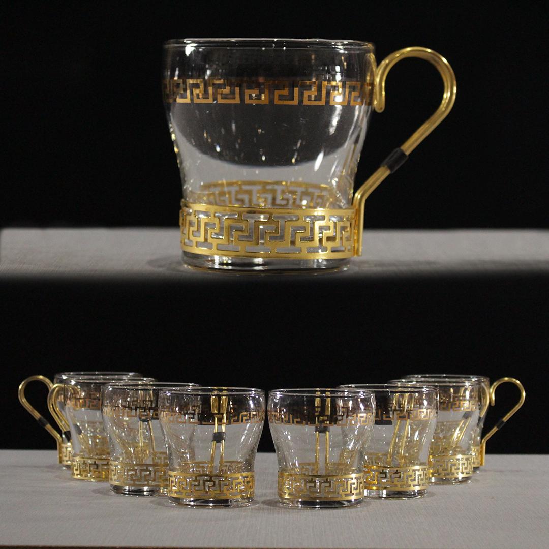 Eight [8] Mug Glasses Gold Greek Key in Brass Holders (1 of 6)