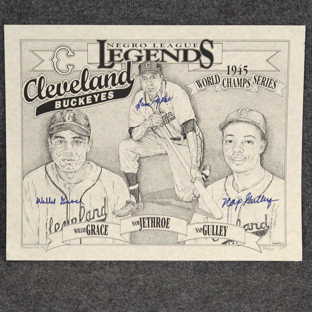 Negro League Lithograph with Autographs: Negro League Lithograph with Autographs, Cleveland Buckeyes Sam Jethrot [Roy 195], Nap Gulley and Willie Grace. Size: 16 x 20 inches