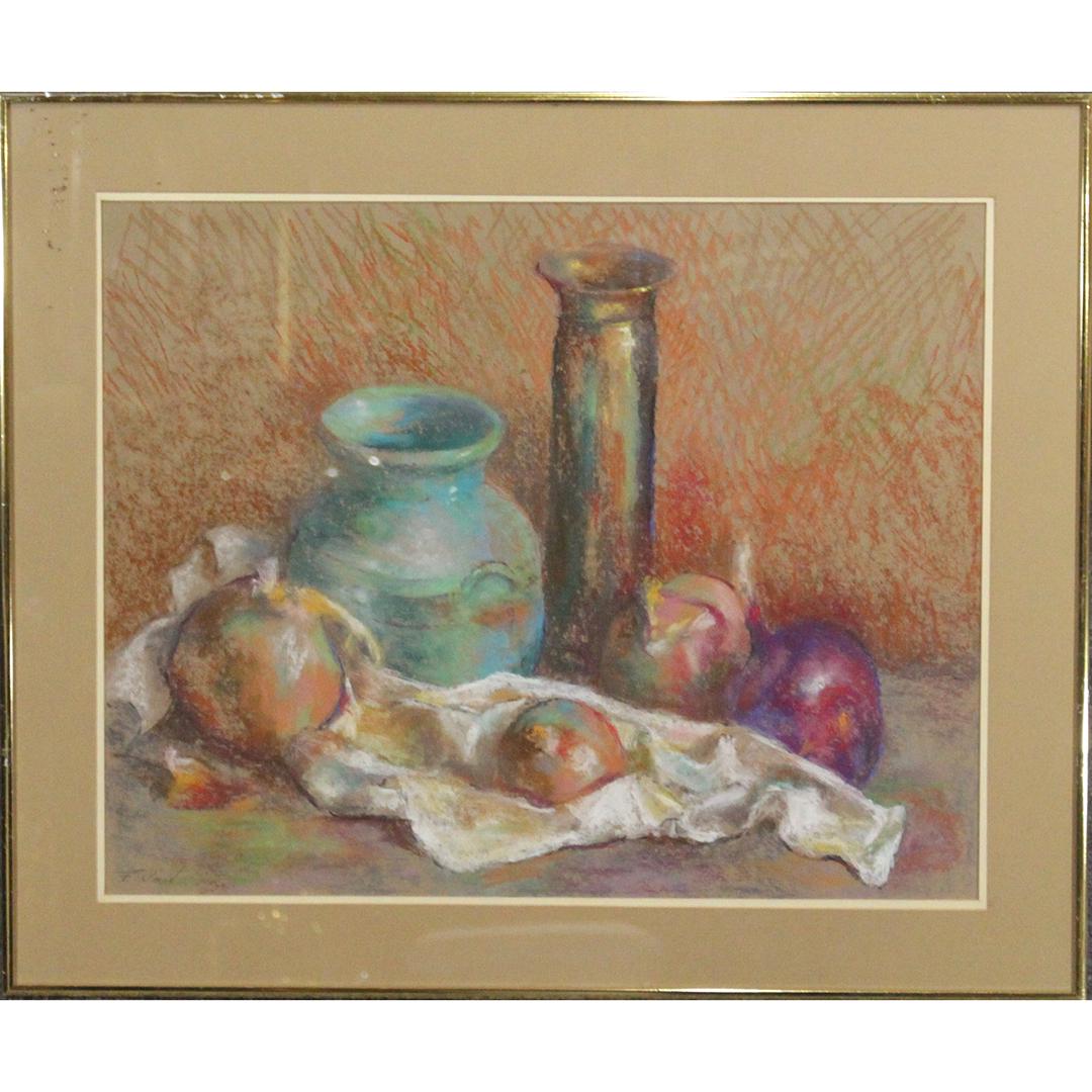 F Omit, Fine Pastel Painting Still Life Fruit and Vases (1 of 7)
