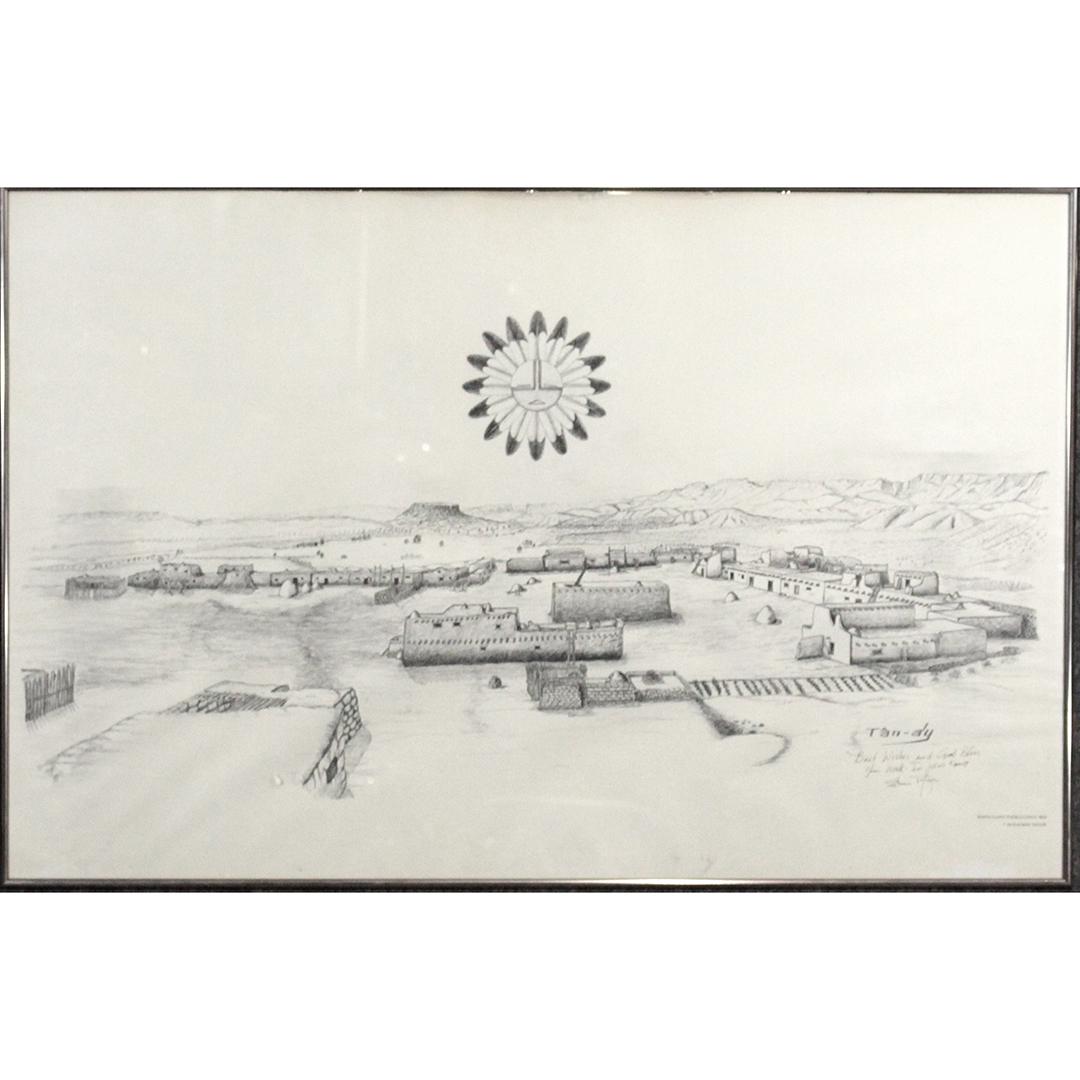Edwin Tafoya c. 1978, Rendering Santa Clara Pueblo 1800: Edwin Tafoya c. 1978, Rendering Santa Clara Pueblo 1800. Signed and personalized. Original framing. Size: 25.5 x 38.75 inches