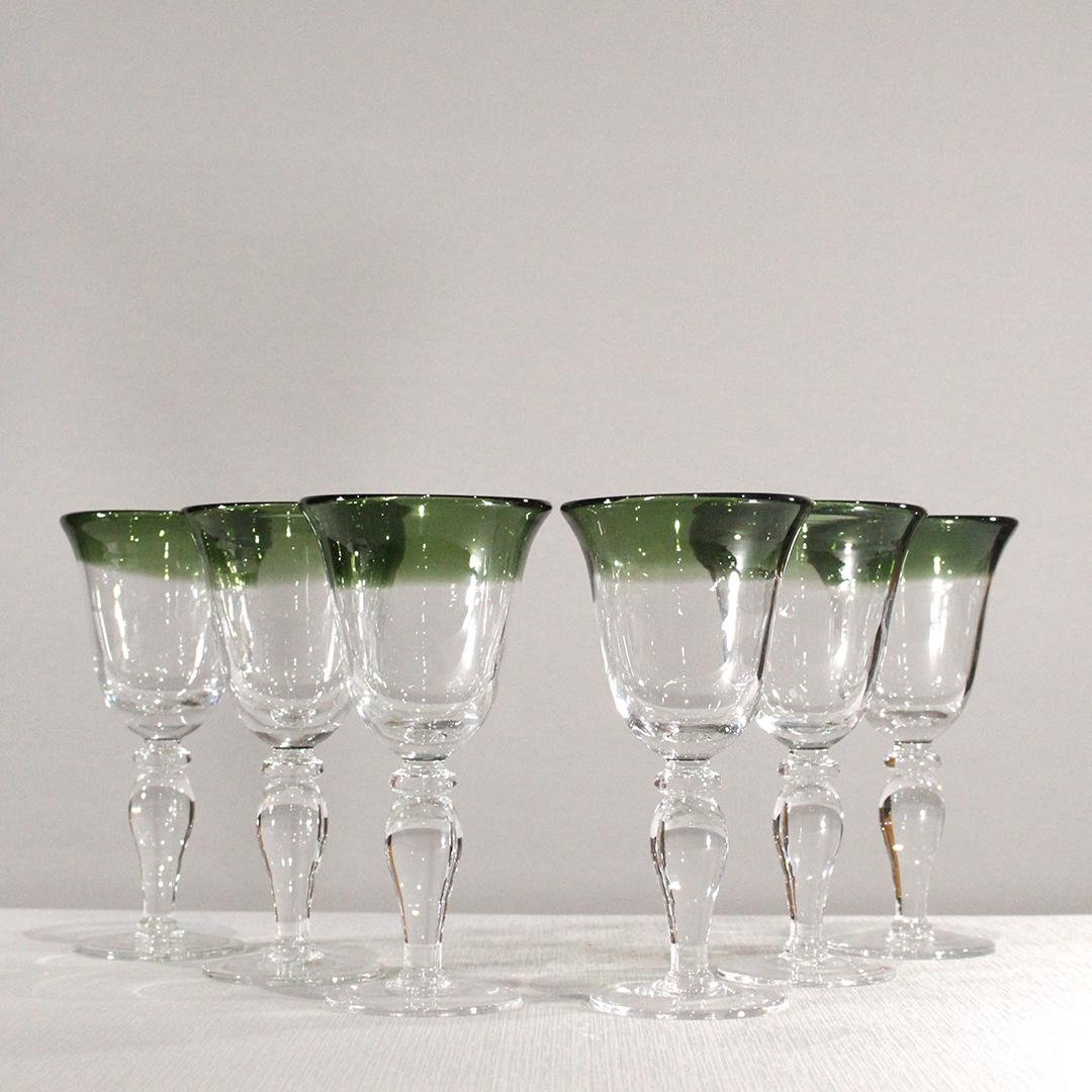 Six [6] Green Rim to Clear Crystal Wine Glasses: Six [6] Green Rim to Clear Crystal Wine Glasses. Size: 8.75 x 4.25 inches