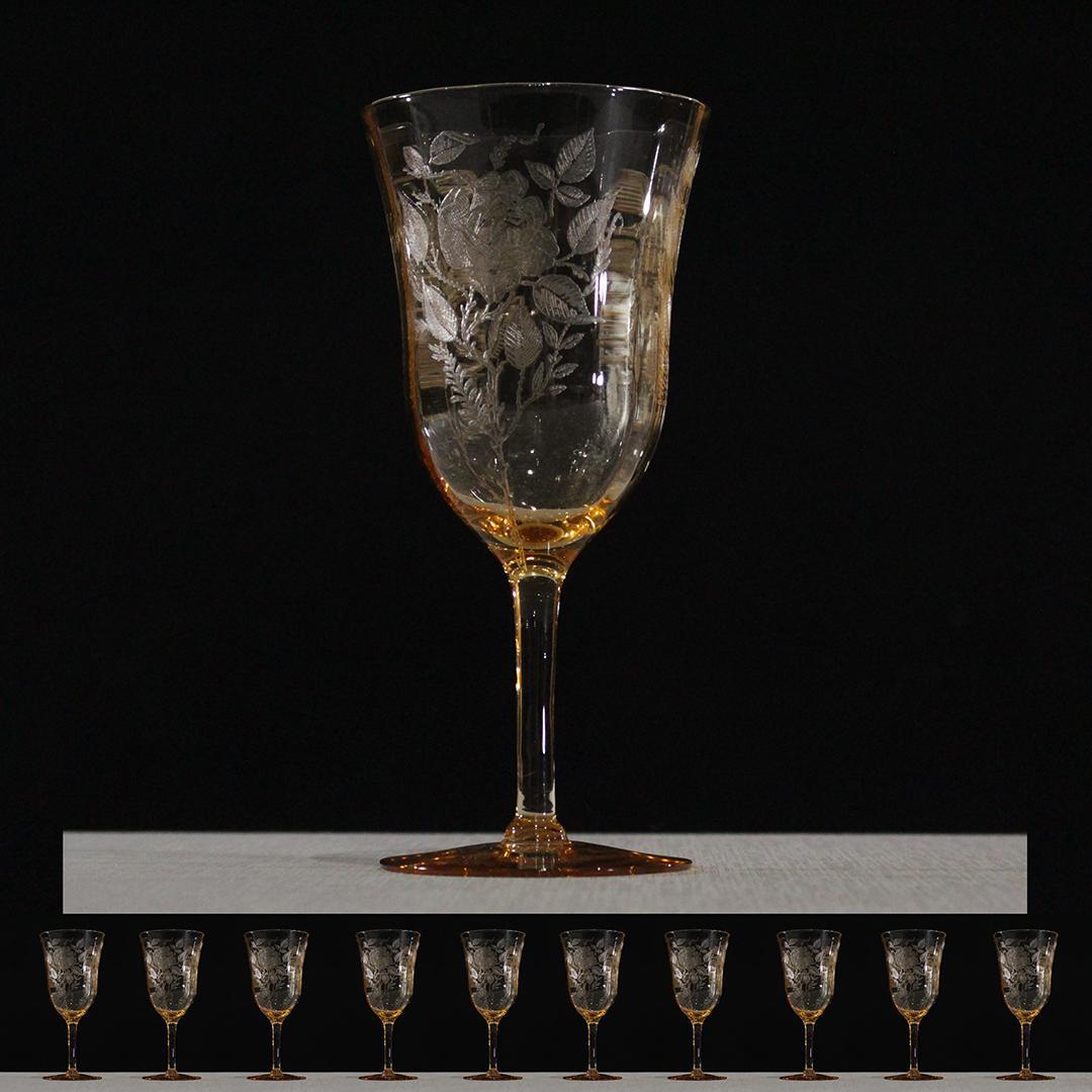 Ten [10] Fine Amber Glass Stemware with Etched Roses (1 of 5)