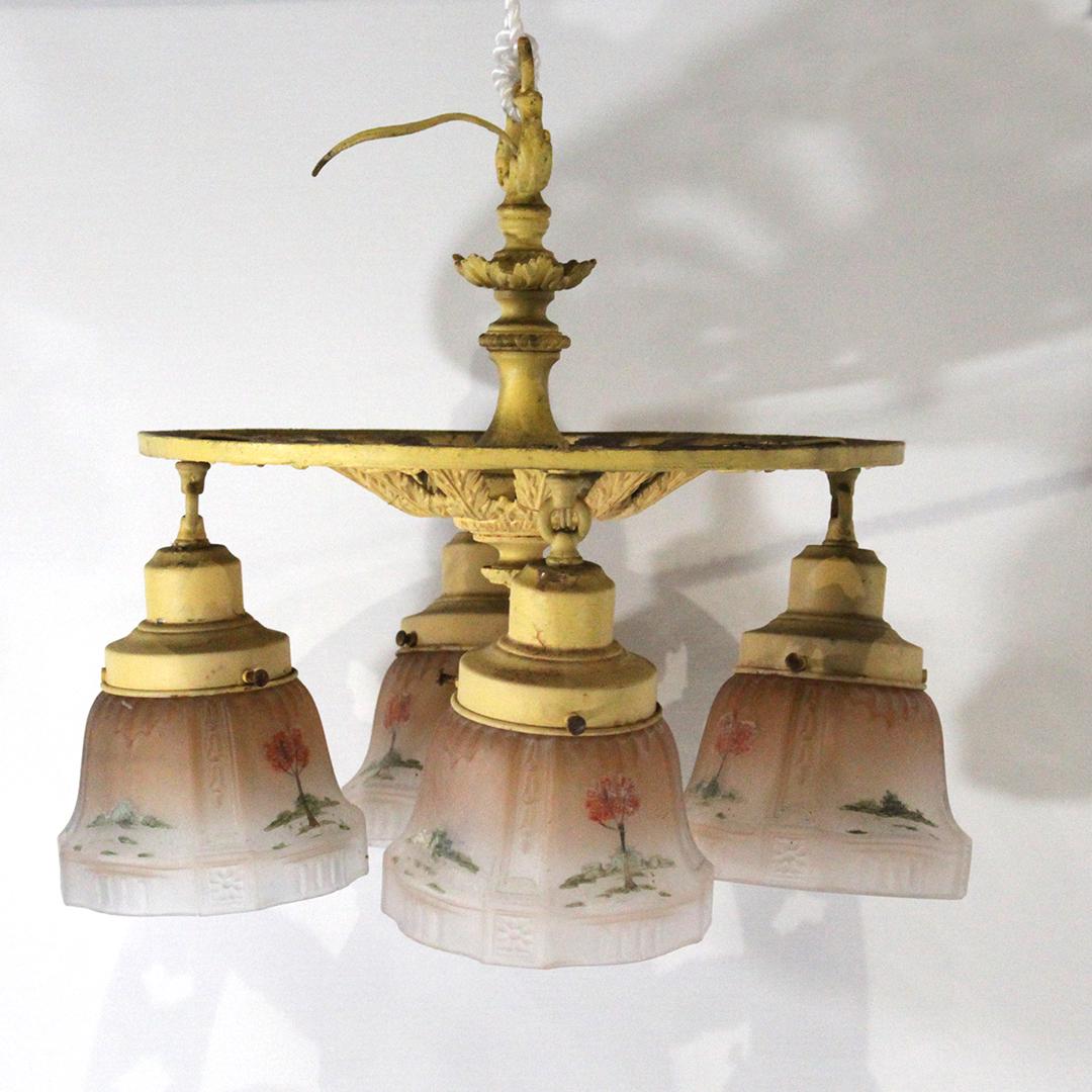 Circa 1920 Four Light Chandelier Hand Painted Shades (1 of 4)