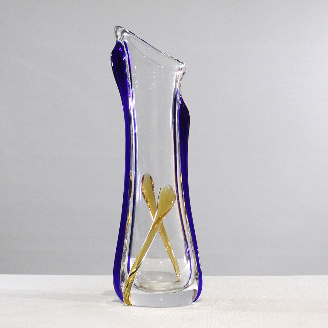 Mid-Century Clear and Cobalt Glass Vase Amber Applied (1 of 6)
