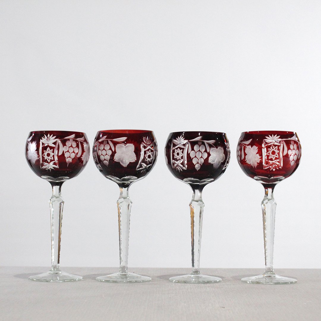 Four [4] Red Cut Glass Stemware Grapes and Leaf Pattern (1 of 6)