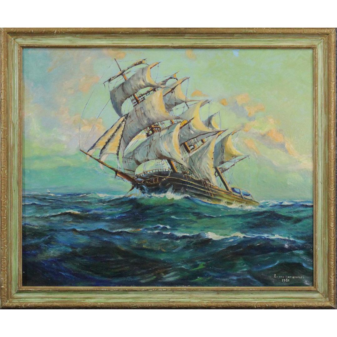 E Von Hausswolff, Oil/c Full Sail Clipper Ship on Seas: E Von Hausswolff, Oil/c Full Sail Clipper Ship on Seas. Signed and dated 1960. Framed, Oil on canvas painting. Size: 22 x 27 , outside of frame" 25.5 x 30.5