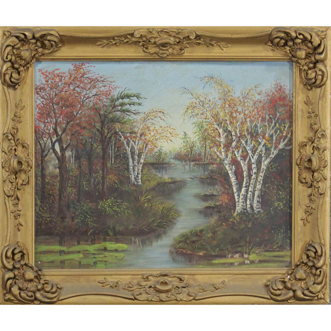 Henri Edling, Vintage Oil/b, Stream Through Birch Trees: Henri Edling, Vintage Oil/b, Stream Through Birch Trees, Signed. Mounted in a vintage fancy gold frame. Size: 16 x 20 , outside of frame: 21 x 25