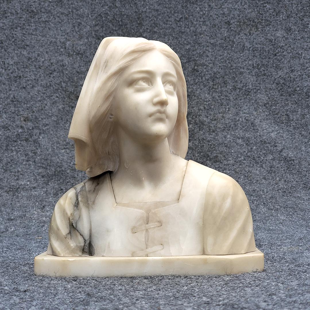 Enrico Castellucci, Italy, Carved Alabaster Bust Woman: Enrico Castellucci, Italy, Carved Alabaster Bust Woman looking upward. Signed in backside. Size: 9.5 h , 9 w