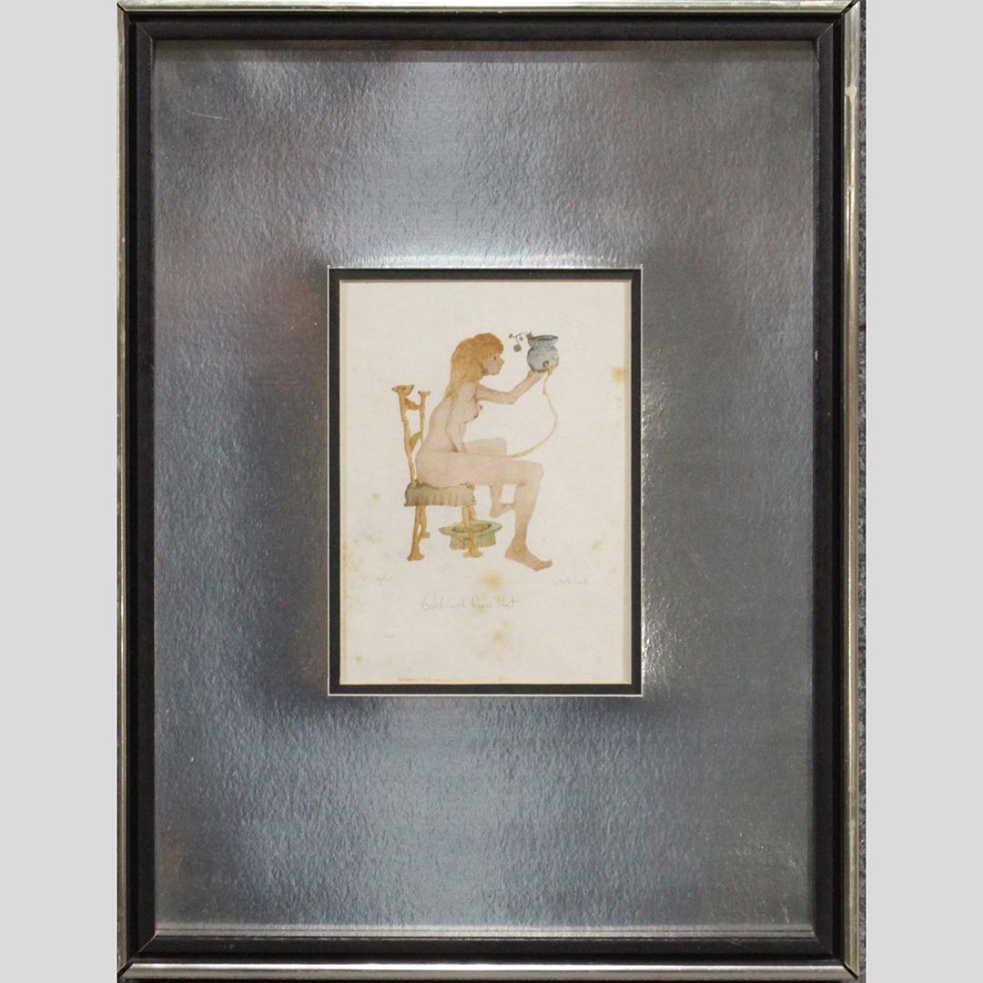 Mitchell, #16/25 Seated Nude Woman, Girl With Green Hat: Mitchell, #16/25, Seated Nude Woman, Titled: Girl With Green Hat. Vintage. Framed. Size: 17 in. x 13 in.