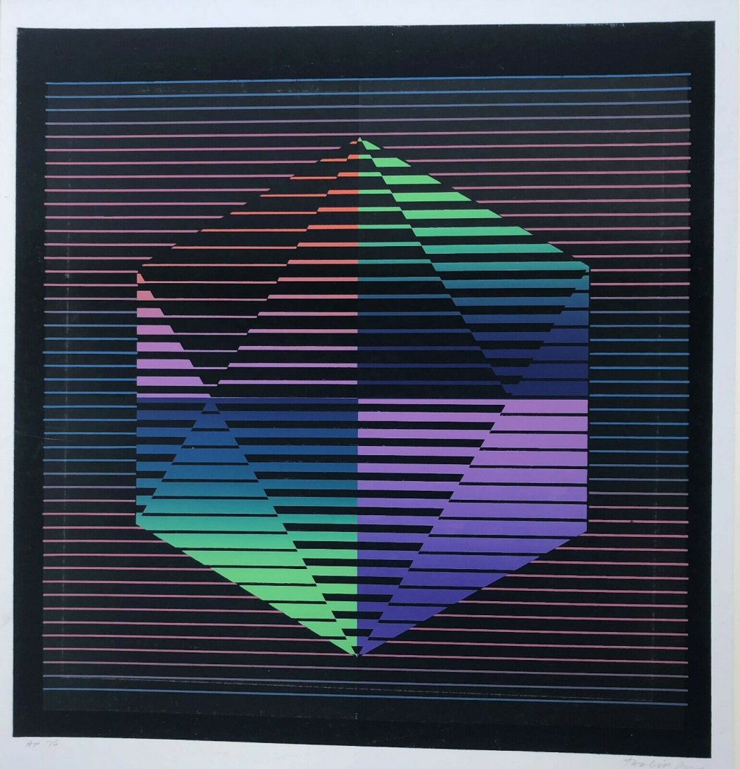 TAD LIPSKI 1976 AP, Off Set Lithograph, Op Art: TAD LIPSKI 1976 AP, Off Set Lithograph, Op Art, Style of Victor Vasarely;Pencil signed. Size: image 21,75 in. x 20 in.; full borders 27 in. x 21 in.