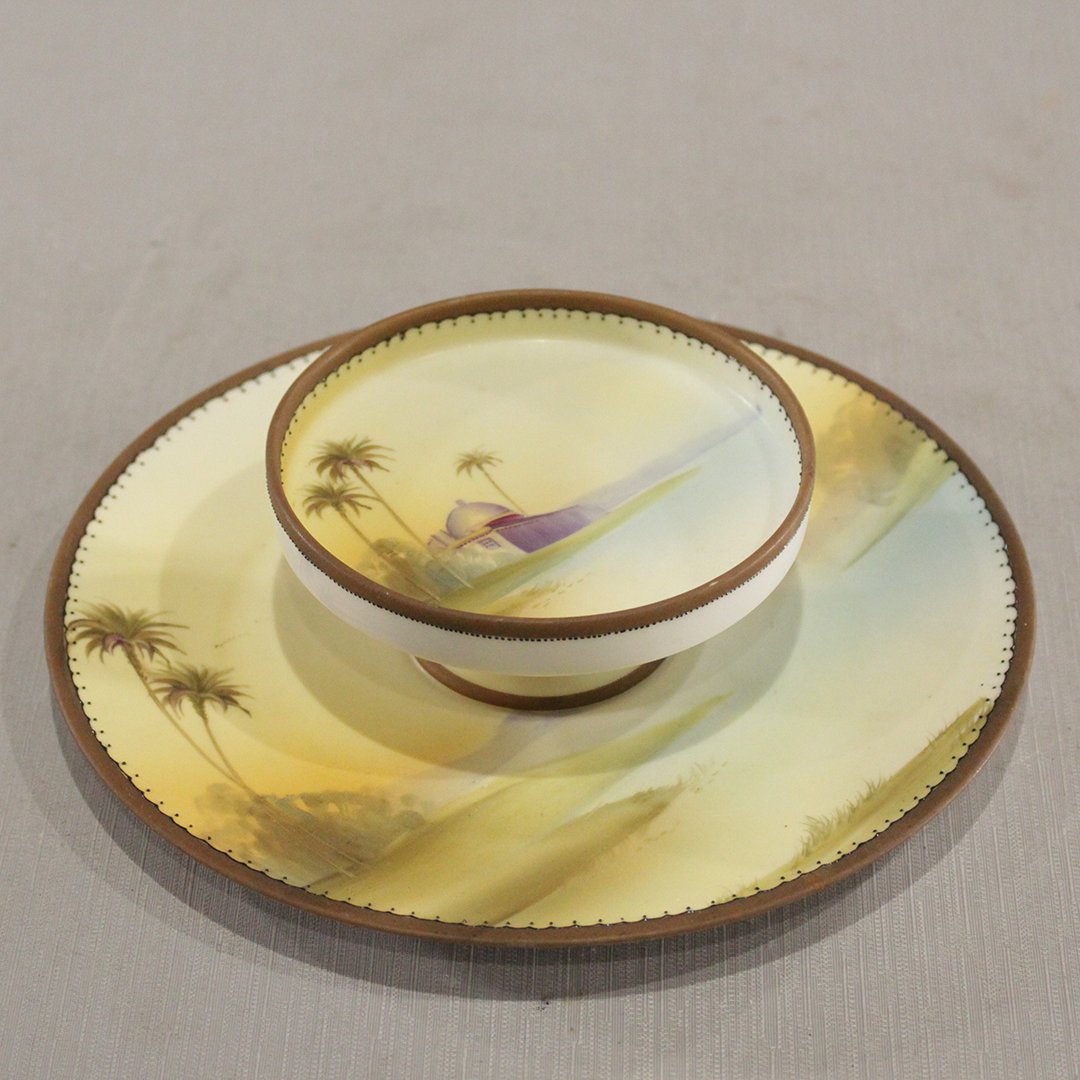 Nippon Round Serving Dish with Center Bowl Middle East: Nippon Round Serving Dish with Center Bowl Middle East temple and desert scene. Size: 2.5 in. height, 8.75 in. wide