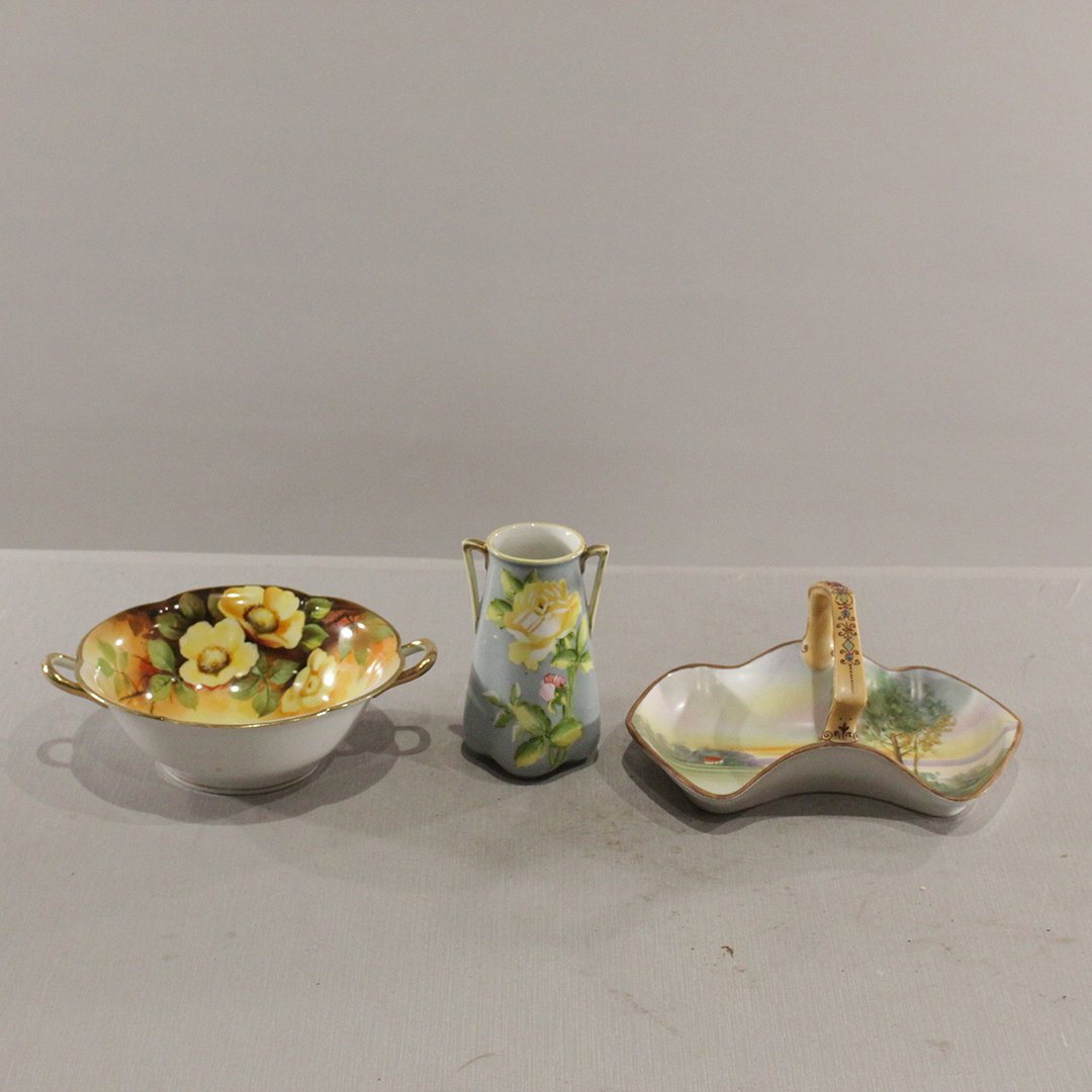 Three [3] NIPPON Hand Painted Assorted Porcelain: Three [3] NIPPON Hand Painted Assorted Porcelain. Sizes: 2.75 in. x 8.75 in.; 5.25 in. x 3 in.; 4,5 in. x 9 in.