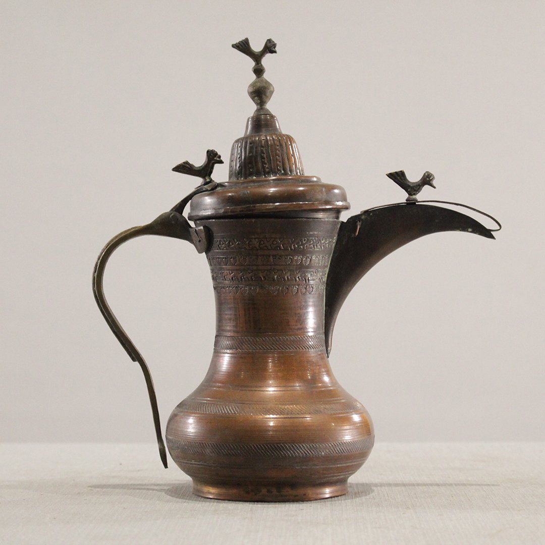 Antique Perubian Copper Tea Pot Birds, Incised Decor.: Antique Perubian Copper Tea Pot Birds, Incised Decor.. Size: 10 in. height, 8.5 in. wide.