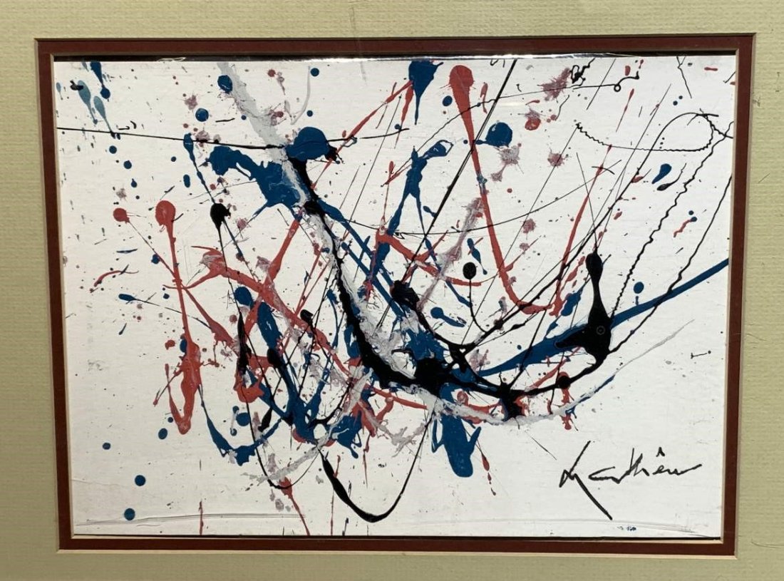 Georges Mathiew, Mid-Century Modern Abstract Oil/b: Georges Mathiew, Mid-Century Modern Abstract Oil/b. Oil on board painting. Well Listed American - French Artist. Signed and Framed. Size: image 8.25 in. x 11.75 in.; outer frame 15.75 in. x 18.75 in. 